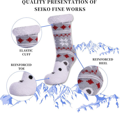 Women'S Winter Super Soft Warm Cozy Fuzzy Snowflake Deer Fleece-Lined with Grippers Slipper Socks