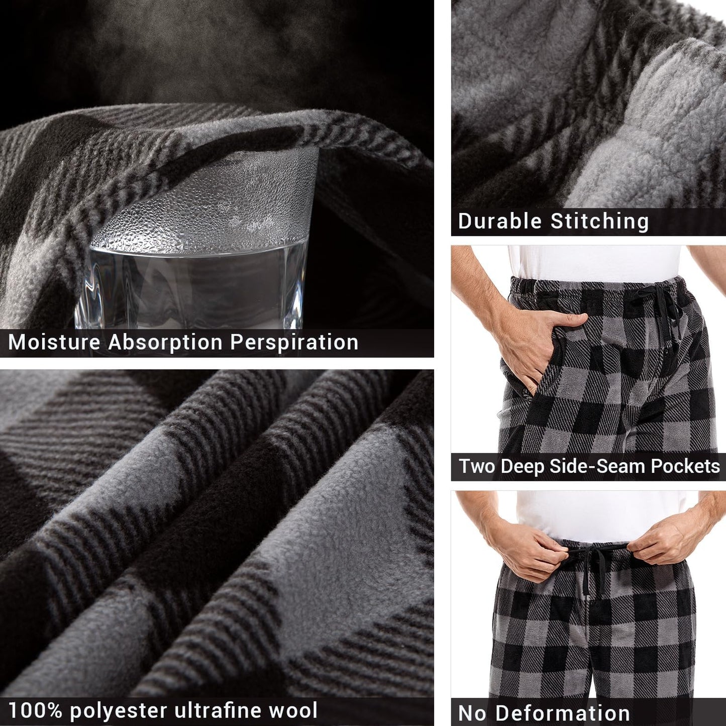 Men’S Plaid Microfleece Pajama Pants with Pockets, Lounge Sleep Bottoms