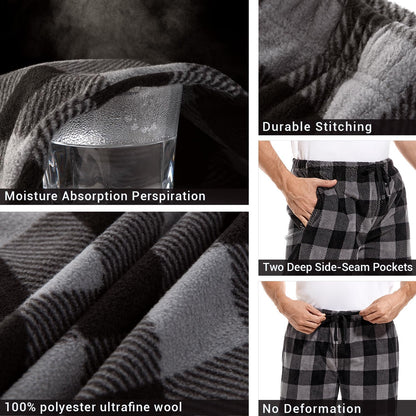 Men’S Plaid Microfleece Pajama Pants with Pockets, Lounge Sleep Bottoms