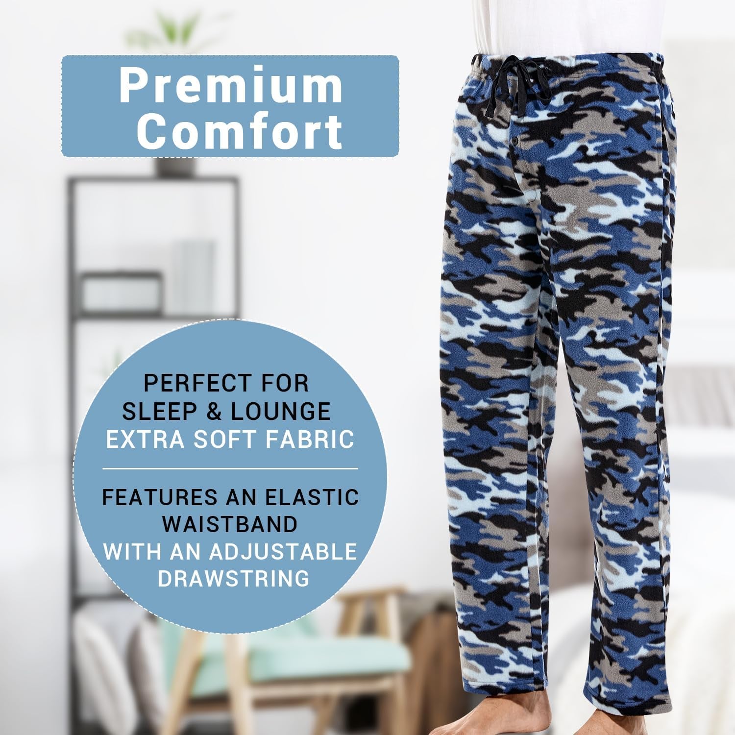 Men’S Plaid Microfleece Pajama Pants with Pockets, Lounge Sleep Bottoms